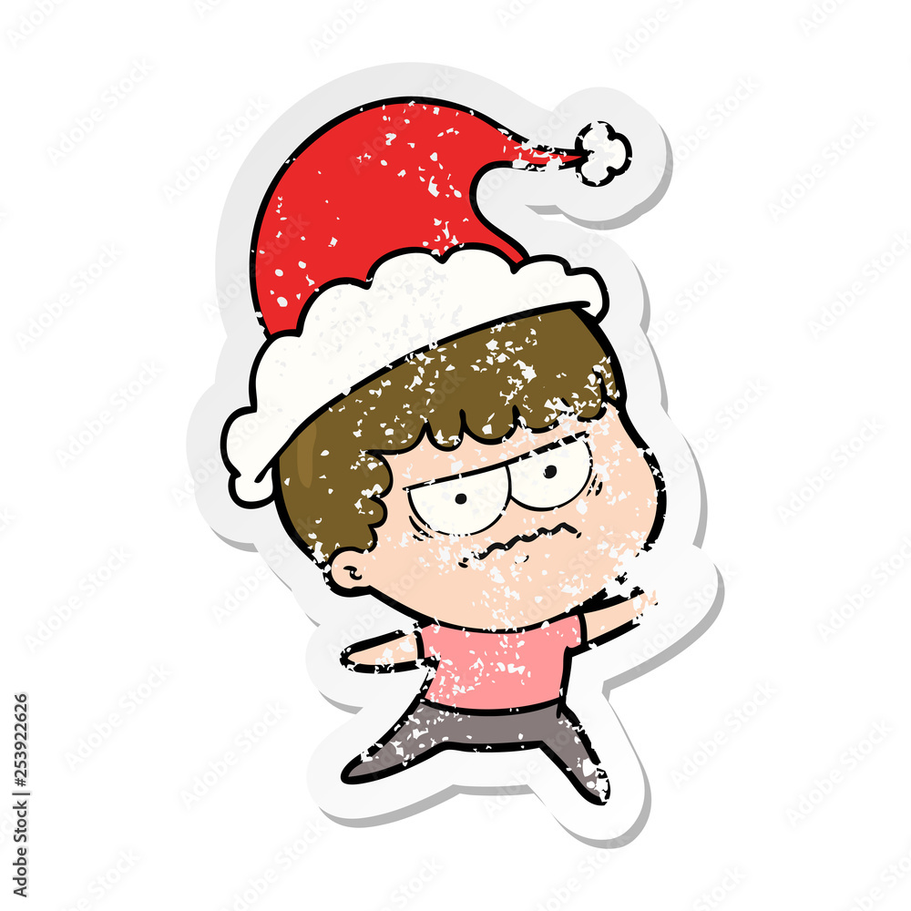 distressed sticker cartoon of a annoyed man wearing santa hat distressed sticker cartoon of a annoyed man wearing santa hat