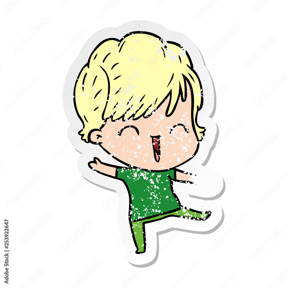 distressed sticker of a cartoon laughing woman distressed sticker of a cartoon laughing woman