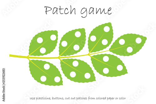Education Patch game branch with leaves for children to develop motor skills, use plasticine patches, buttons, colored paper or color the page, kids preschool activity, printable worksheet, vector