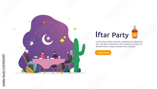 Iftar Eating After Fasting feast party concept. Moslem family dinner on Ramadan Kareem or celebrating Eid with people character. web landing page template, banner, presentation, social or print media.