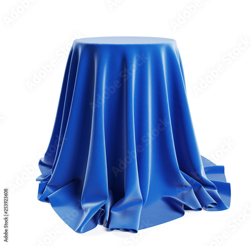 Round podium covered with blue cloth. Isolated on a white background with clipping path. 3d illustration