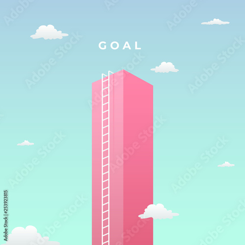 reach the goal visual concept with minimalist art design. high giant wall towards the sky and tall ladder vector illustration.