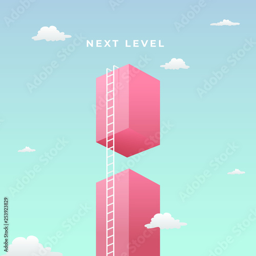 pass the challenge to reach the goal visual concept with minimalist art design. high giant wall towards the sky and tall ladder vector illustration.