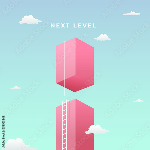 next level to success visual concept design. high giant wall towards the sky with tall ladder and next flying cube with rope to climb vector illustration.