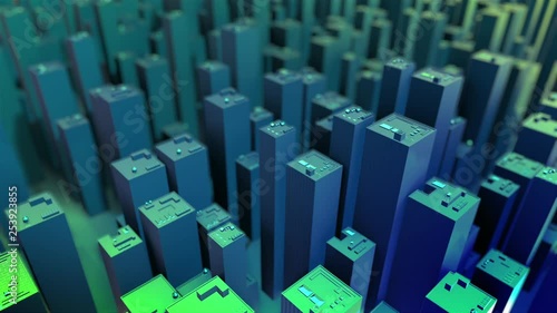 Digital 3D skyscraper city blue and green background - ideal for overlays, infographics and titles