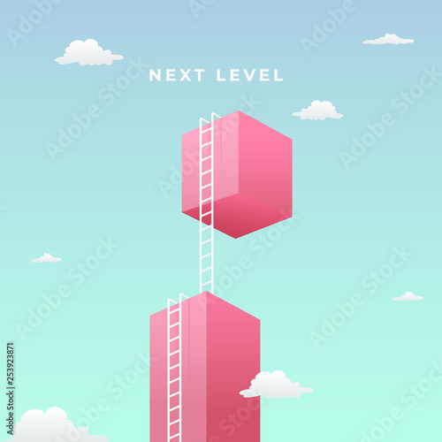 next level to success visual concept design. double step climb the high giant wall towards the sky with tall ladder vector illustration. photo