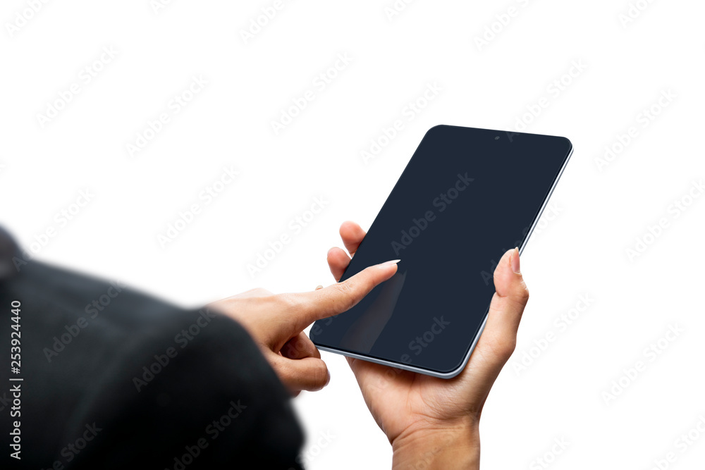 Businesswoman touching the blank black screen of tablet