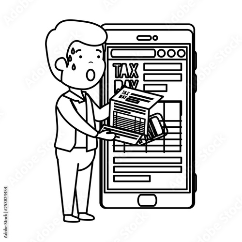 depressed man for money with smartphone and tax documents