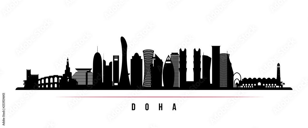 Doha city skyline horizontal banner. Black and white silhouette of Doha city, Qatar. Vector template for your design.