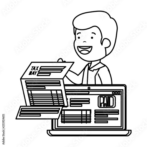 depressed man for money with taxes and laptop