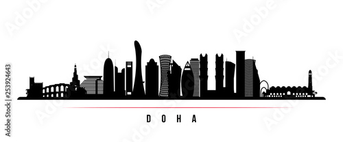 Doha city skyline horizontal banner. Black and white silhouette of Doha city, Qatar. Vector template for your design.