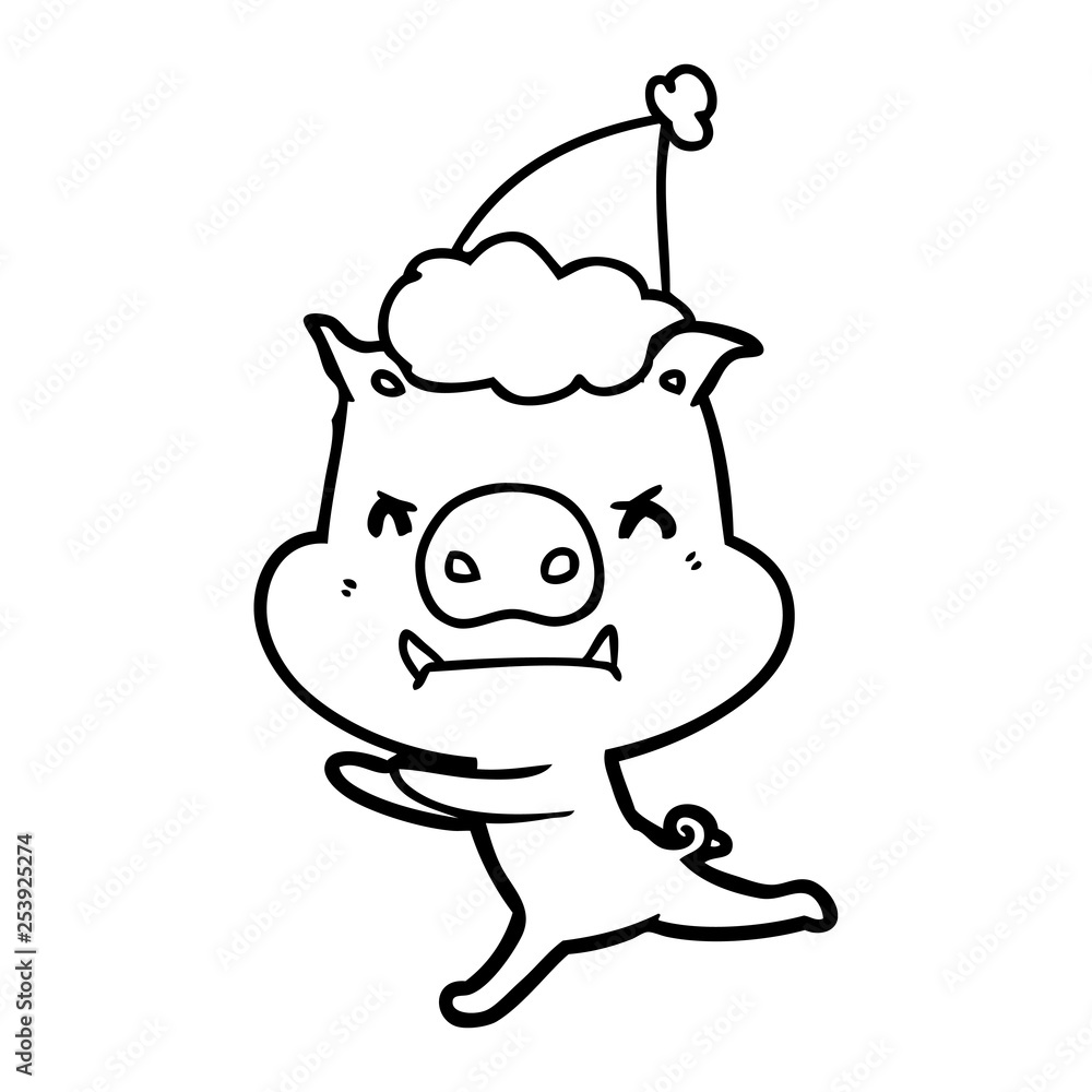 angry line drawing of a pig wearing santa hat angry line drawing of a pig wearing santa hat