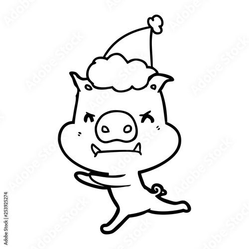 angry line drawing of a pig wearing santa hat