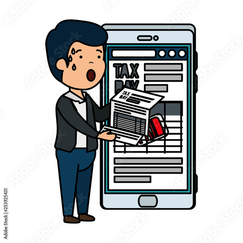 depressed man for money with smartphone and tax documents