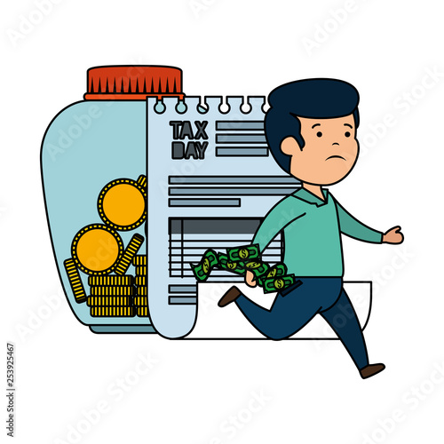 depressed man for money in jar with tax document
