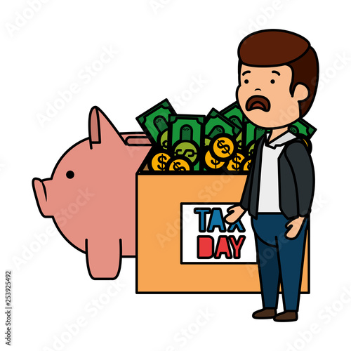 depressed man for money with box and piggy savings