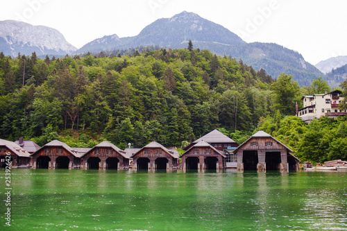 Wooden dock for boats on Konigssee Lake, Austria