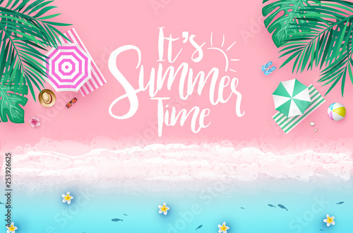 Top View Sea Side Beach Resort Background with It's Summer Time Message in Trendy Background Color with Palm Trees, Tropical Leaves, Umbrellas, Sunglasses, Ball and Slippers Creative Banner Design. Ve