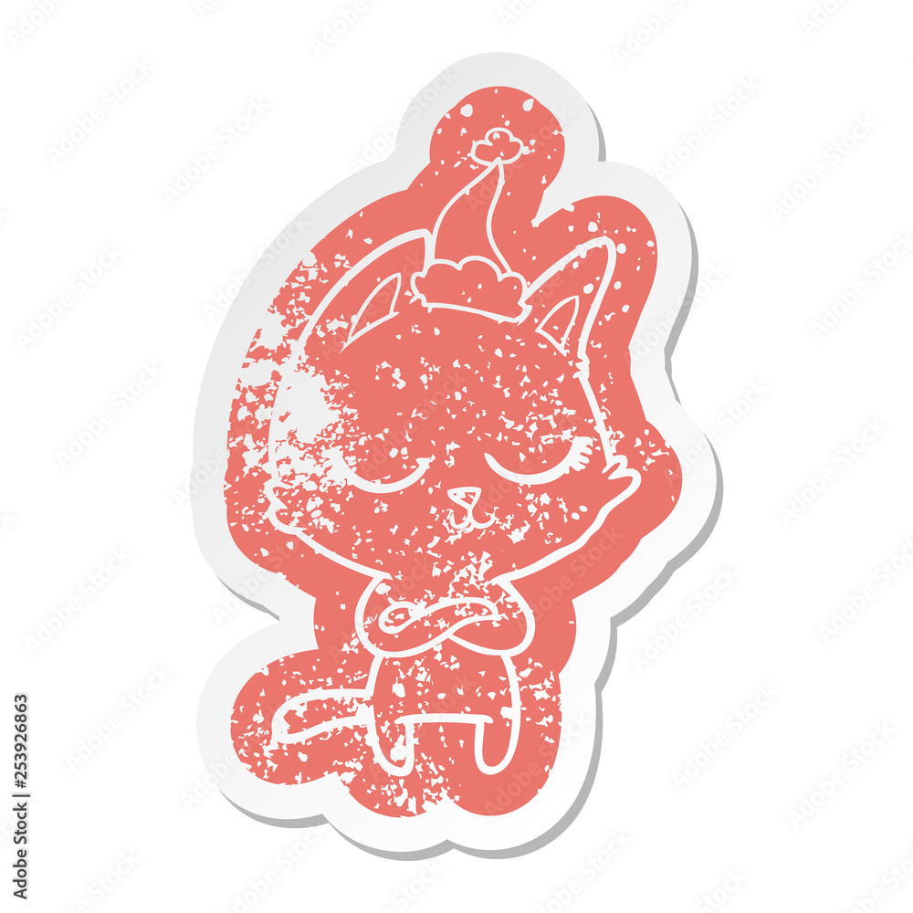 calm cartoon distressed sticker of a cat wearing santa hat calm cartoon distressed sticker of a cat wearing santa hat