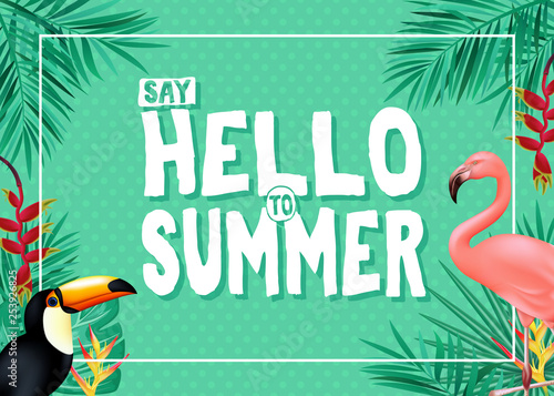 Topical Summer Banner Design with Say Hello to Summer Message in Green Color with Polka Dots Patterned Background with Palm Tree Leaves, Toucan and Flamingo. Vector Illustration