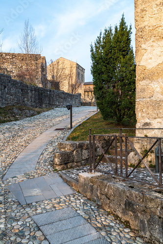 Sunset on the ancient castle of Ragogna, Italy. Fortress guarding the ford on the river Tagliamento