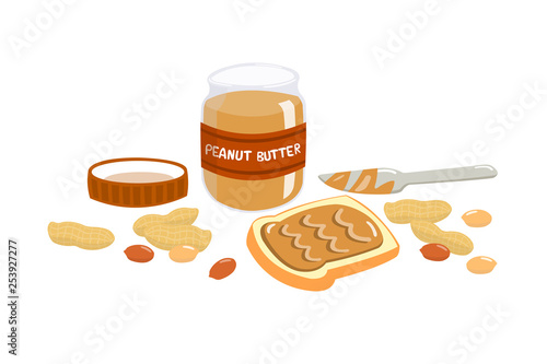 Peanut butter spread on bread with butter knife. Peanut butter, peanut nut and bread isolated on white background.