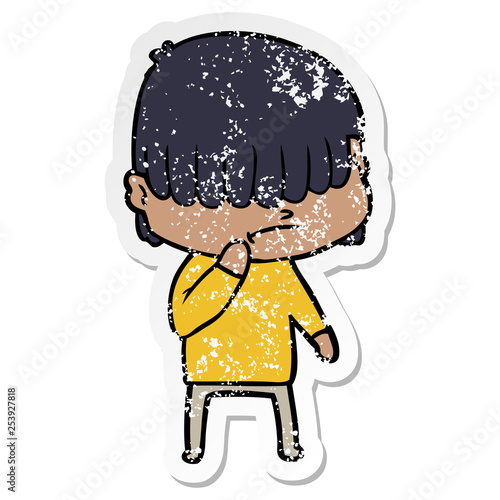 distressed sticker of a cartoon boy with untidy hair