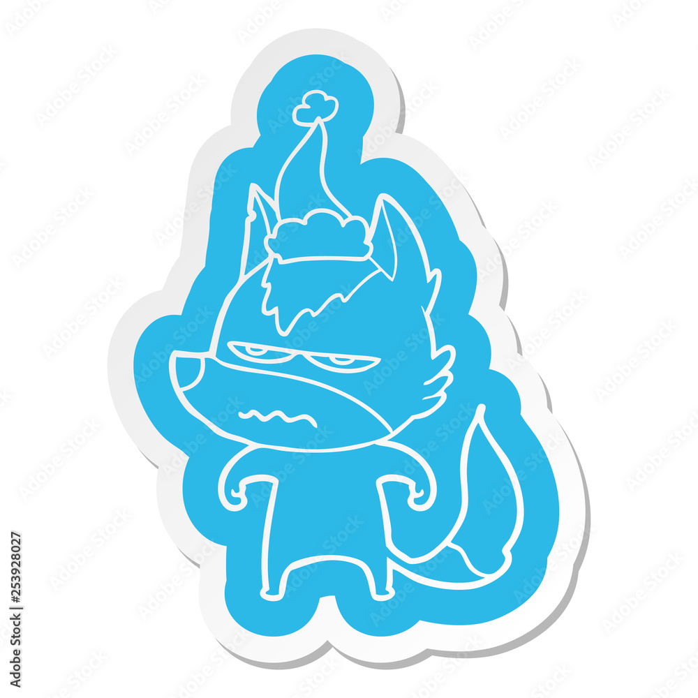 cartoon sticker of a annoyed wolf wearing santa hat cartoon sticker of a annoyed wolf wearing santa hat
