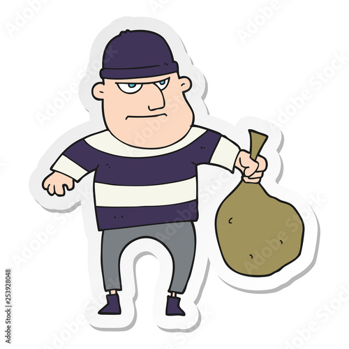 sticker of a cartoon burglar with loot bag