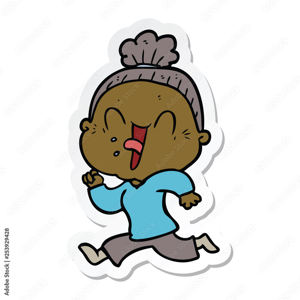 sticker of a cartoon happy old woman sticker of a cartoon happy old woman