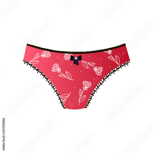 Cute red panties with floral design and bow isolated on white background