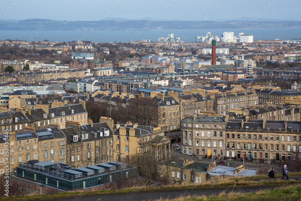 EDINBURGH, SCOTLAND - FEBRUARY 9, 2019 - The view of New Town and and the Firth of Forth from Calton Hill