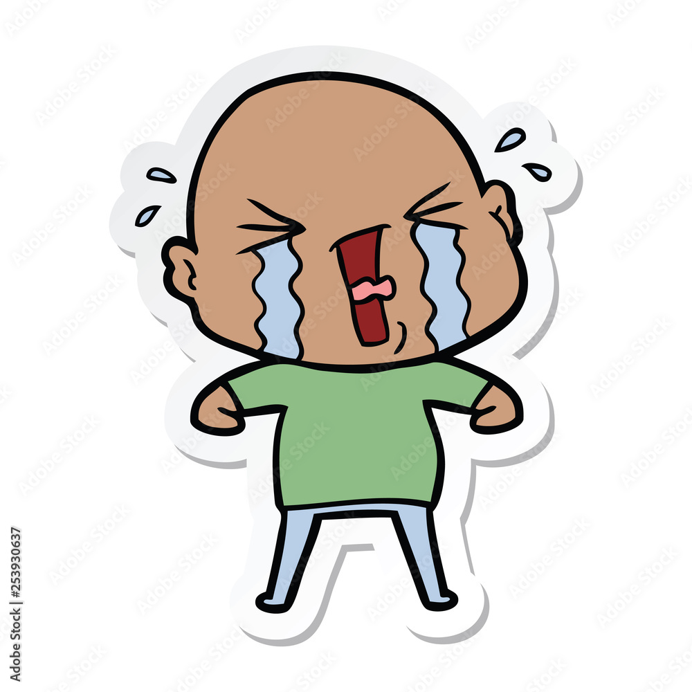 sticker of a cartoon crying bald man