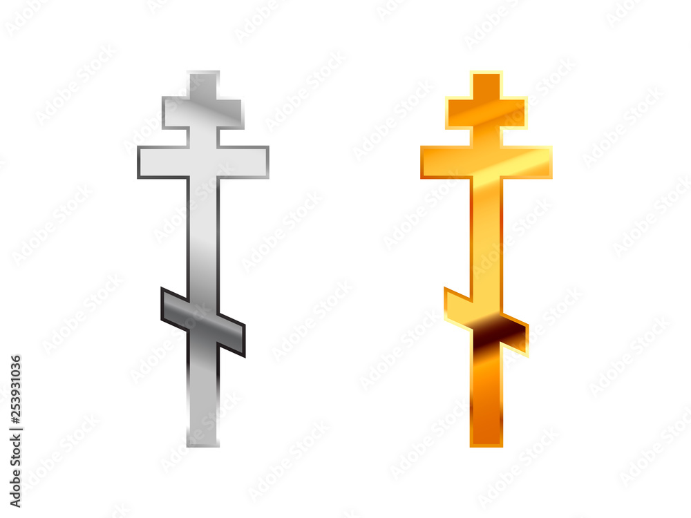 Orthodox religious signs made from glossy silver and gold metall on white