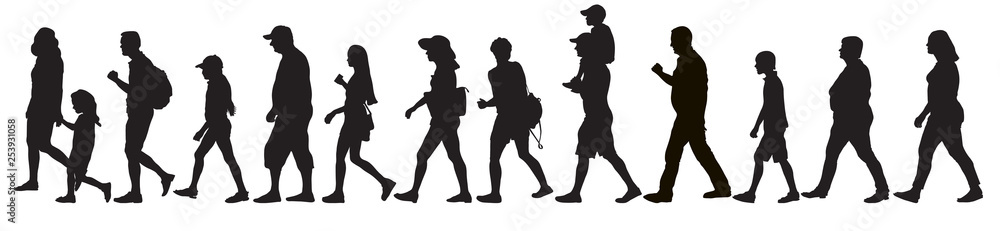 Silhouettes of moving people (crowd), isolated. Set, vector illustration.