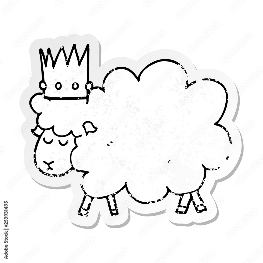 distressed sticker of a cartoon sheep wearing crown distressed sticker of a cartoon sheep wearing crown
