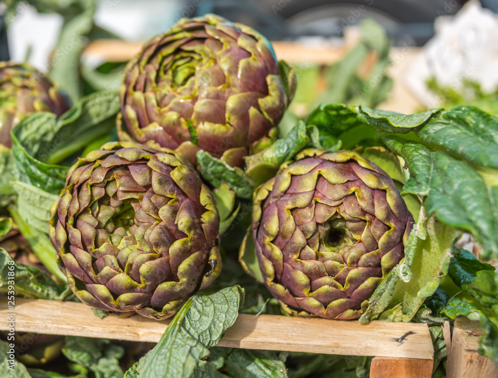 Fototapeta premium Fresh Italian Artichokes For Sale at Outdoor Italian Food Market