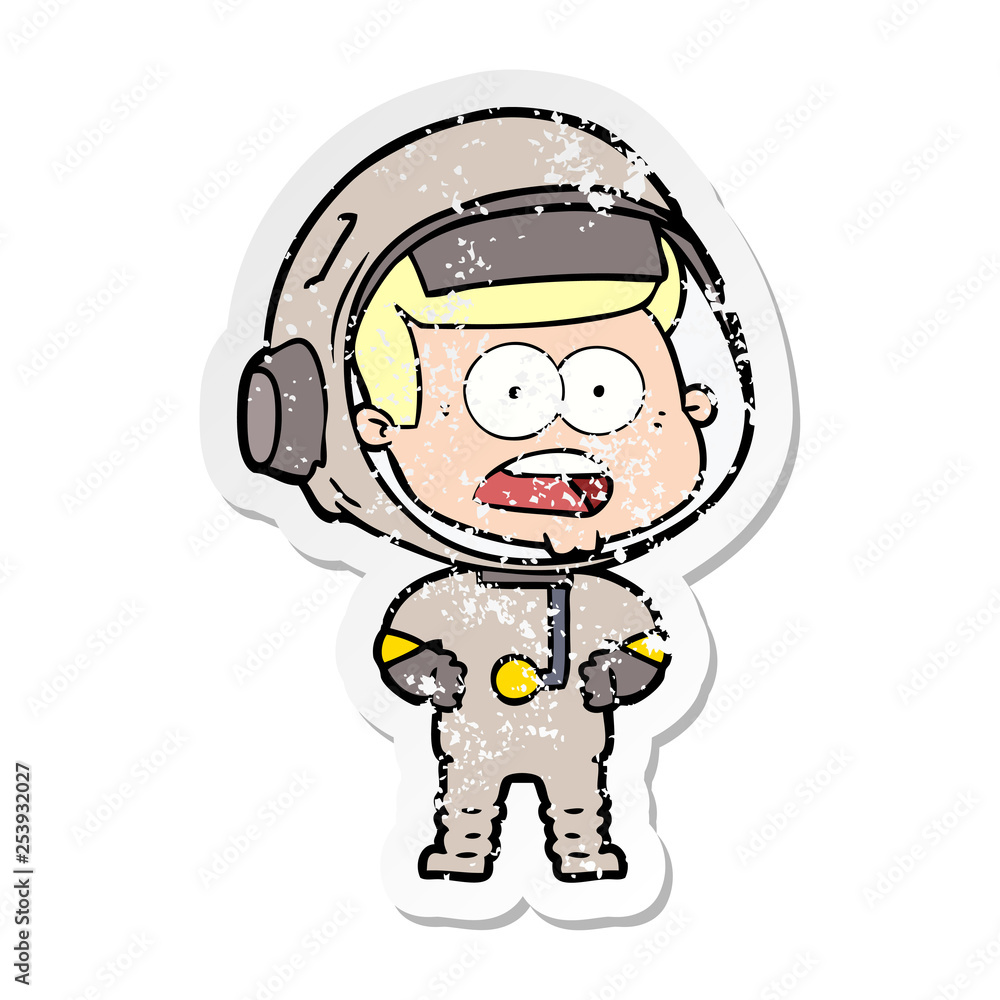 distressed sticker of a cartoon surprised astronaut distressed sticker of a cartoon surprised astronaut