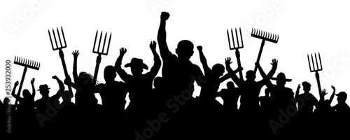 Crowd of people with a pitchfork shovel rake. Angry peasants protest demonstration. Riot workers vector silhouette