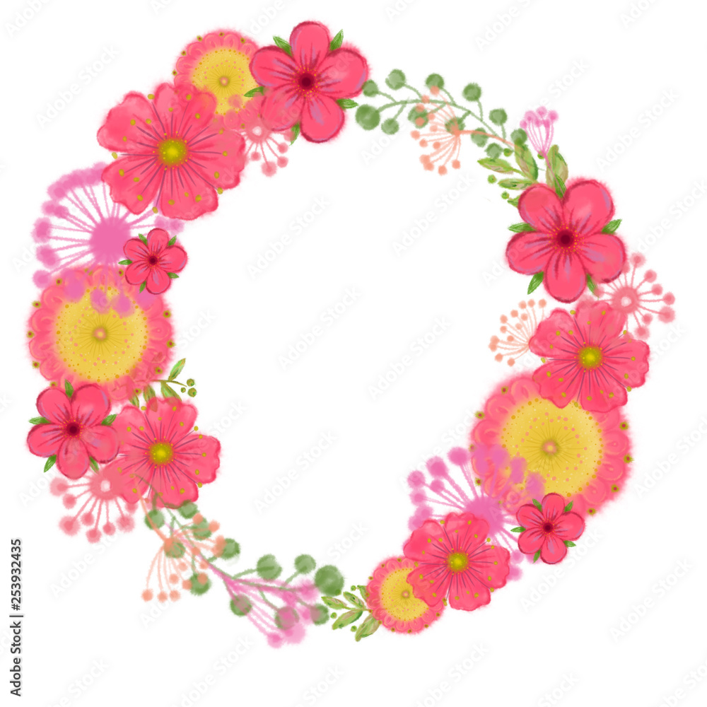 Round Wreath with Fantasy Flowers Isolated on White Background. Floral Frame with Easter Pink Flowers.  
