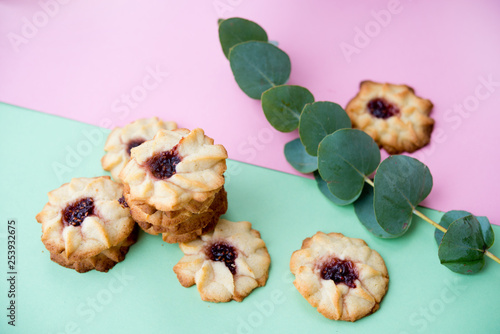 Homemade shortbread with jam. Baku kurabye cookies. The concept of minimalism. Flatley. photo