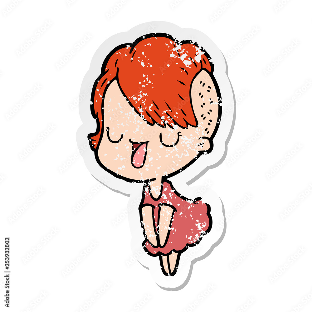 distressed sticker of a cute cartoon girl with hipster haircut distressed sticker of a cute cartoon girl with hipster haircut