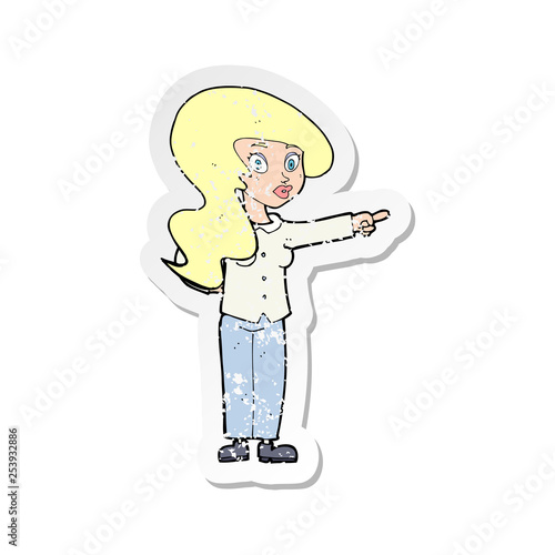 retro distressed sticker of a cartoon pretty woman pointing