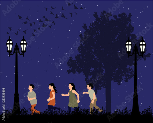 isolated, children walk in the park in the evening