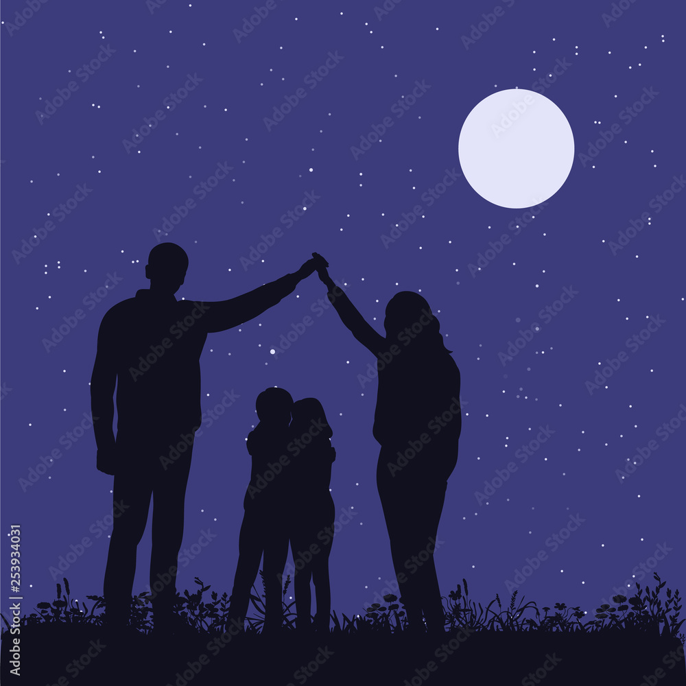 family evening in the park, silhouette family evening in the park, silhouette