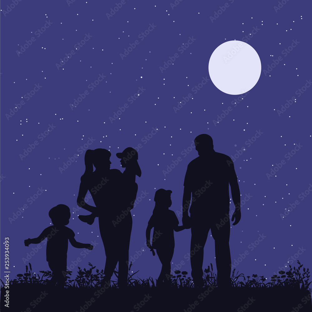 family walk in the park, silhouette family walk in the park, silhouette
