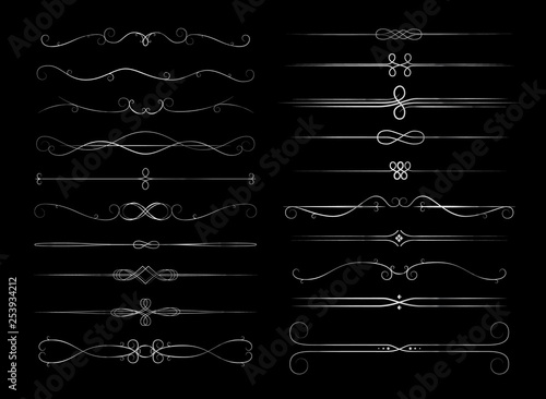 Set of retro calligraphic page dividers in silver colour, page decoration vignettes on dark