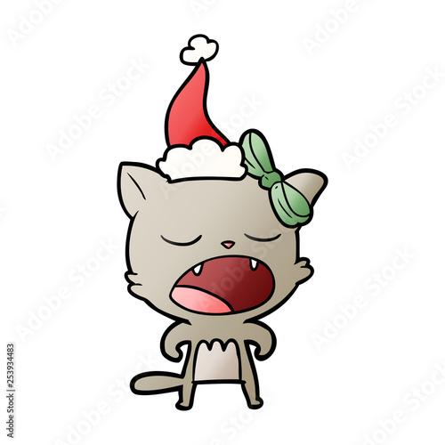 gradient cartoon of a cat meowing wearing santa hat