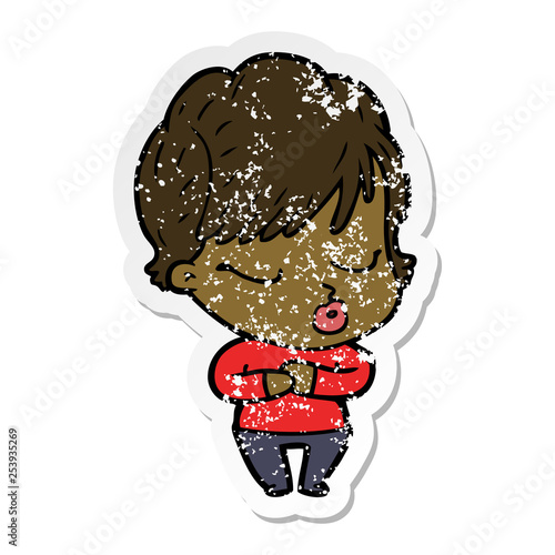 distressed sticker of a cartoon woman with eyes shut