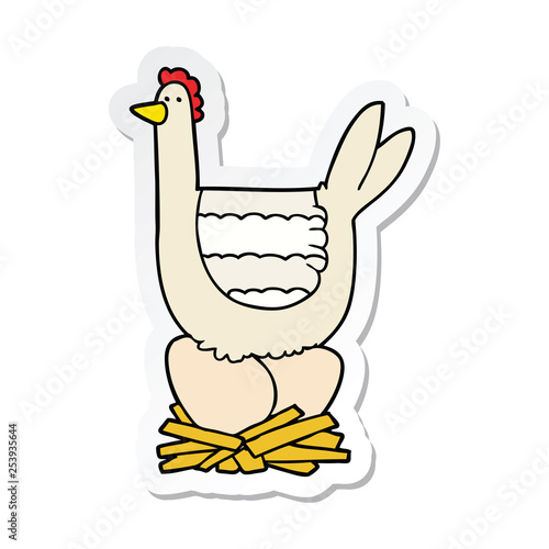sticker of a cartoon chicken sitting on eggs in nest